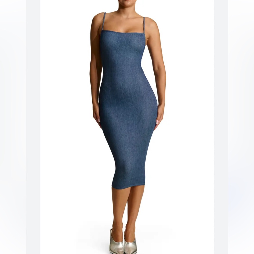 Naked Wardrobe Stretch Cotton Body-Con Maxi Dress Denim